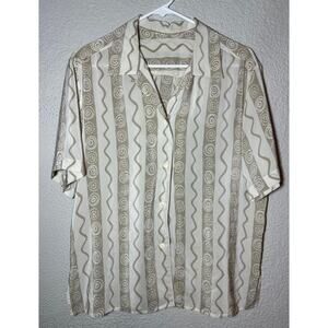 VTG Y2K 100% Silk Tan‎ Beige Abstract Patterned Short Sleeve Button Shirt S/M
